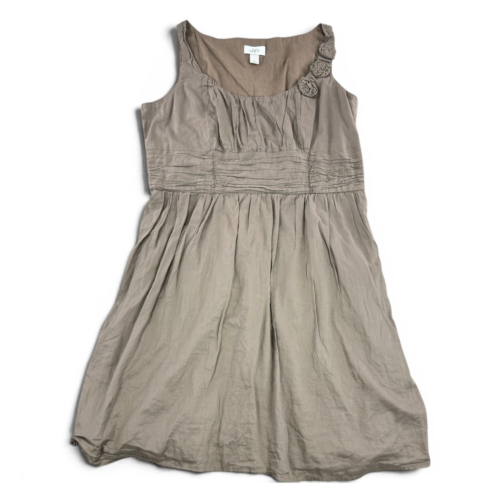 Ann Taylor LOFT Womens Taupe Cotton Rosette Empire Waist Sleeveless Dress Sz 16